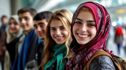 Diverse teens smiling, airport walkway, blurred background. Use Educational, cultural diversity