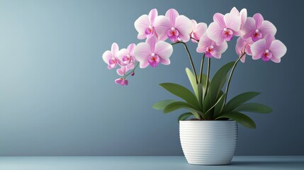 Fototapeta premium 89.A realistic 3D vector image of a potted orchid, featuring delicate petals and a glossy white planter, designed with precise detailing and clean, isolated presentation.