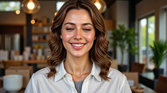 Smiling volunteer shown from the waist up, wearing a simple yet welcoming outfit, standing in front of a softly blurred background of a food donation center, warm lighting emphasizing their dedication
