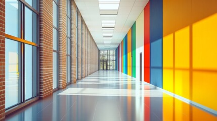 9.Symmetrical school hallway with brick walls, large glass windows on one side, and a sleek, polished floor, emphasizing brightness, simplicity, and contemporary educational design.
