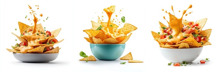 Nachos splashing, yellow mustard sauce, isolate on white background.