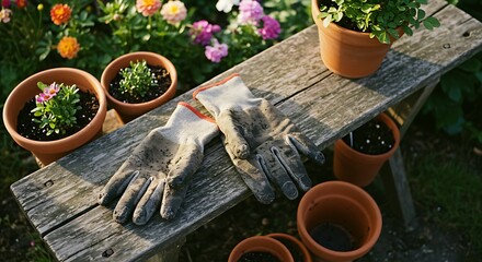Rustic Garden Bench: Potted Flowers, Gloves, and Sunny Afternoon.