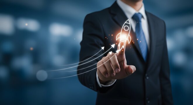 AI image shows a businessman in a suit pointing at a glowing rocket icon with rising arrows, representing business boost strategy.