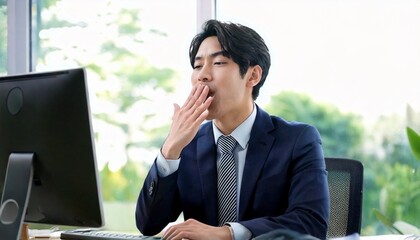 あくびをする若い日本人ビジネスマン