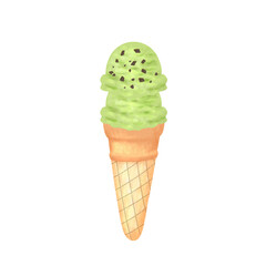 ice cream cone isolated drawing cartoon illustration. Hand drawn ice cream cone for element. Matcha flavor with chocolate blast ice cream cone illustration