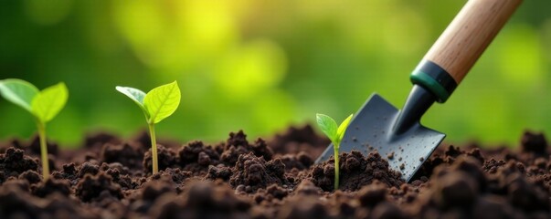Gardening tool placed on soil with seedlings nearby, seeds, gardening