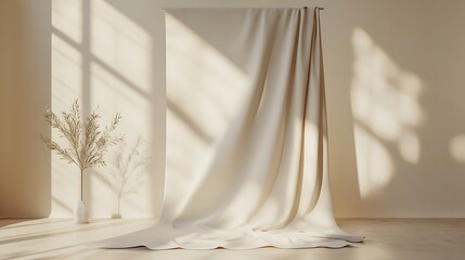 Sunlit studio backdrop, fabric drape, minimalist room, product display