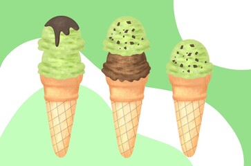 ice cream cones isolated on white. Three ice cream matcha flavor with chocolate illustration drawing cartoon for background summertime