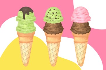 ice cream cones isolated on white. Three ice cream matcha and strawberry flavor illustration drawing cartoon in colorful background