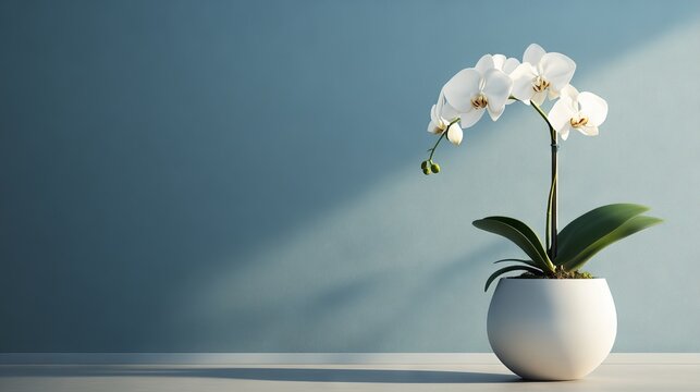 85.A stylish and modern composition featuring a blooming white orchid in a minimalist planter, with its delicate beauty accentuated against a smooth and uncluttered background.