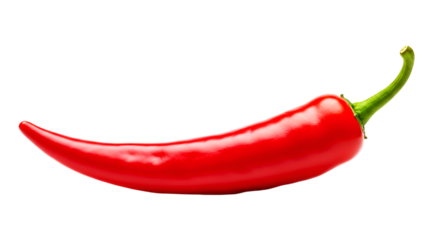 A single red chili pepper with a green stem on a black background in a horizontal orientation