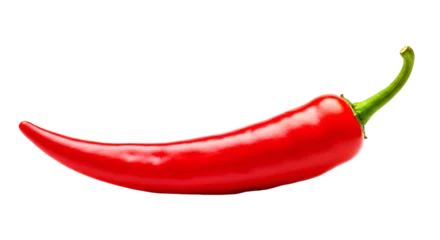 A single red chili pepper with a green stem on a black background in a horizontal orientation