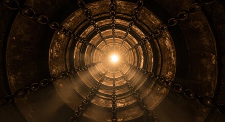 A captivating view of a dark tunnel illuminated by a bright light, showcasing chains along the walls - dungeon pictures