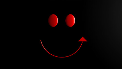 Red curved arrow and eyes in the form of emotions of joy and happiness on a black background, red arrow