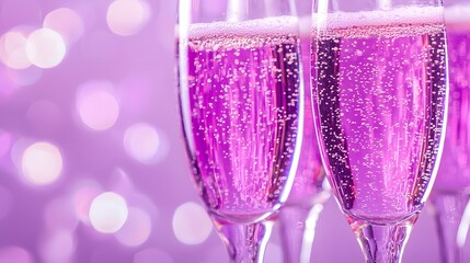Two champagne glasses with purple water on a beautiful bokeh background convey a celebration full of love.