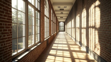 10.Wide-angle view of an empty school corridor with textured brick walls, tall windows inviting daylight, and a bright, organized atmosphere, capturing a blend of modernity and tradition.
