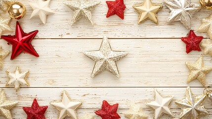 Christmas stars and decorations adorn a rustic wooden background