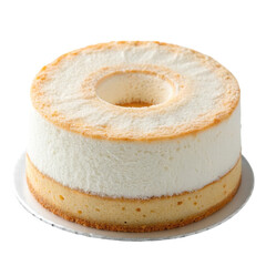 Fluffy chiffon cake with a smooth texture and round shape on a silver base.