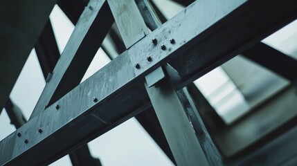 Fototapeta premium Construction worker installing roof trusses on a new building. Featuring coordination and focus