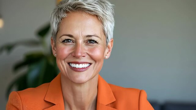 A woman in an orange jacket is smiling and looking at the camera. She has a gold pin on her lapel