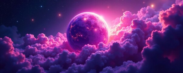 Glowing sphere in deep space surrounded by swirling purple clouds of gas and dust , extraterrestrial, glow