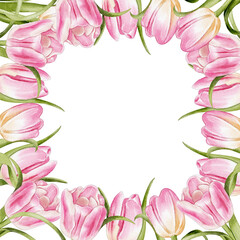 Watercolor frame with pink tulips. Perfect for banners, greeting cards, business cards, wedding invitations, Women's Day, Mother's Day, and spring holiday designs.