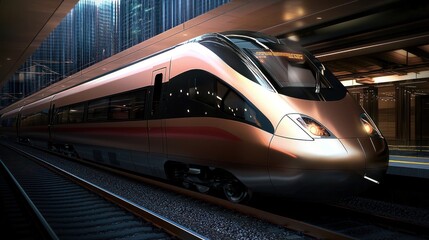 Fototapeta premium Modern train departing urban station, city backdrop