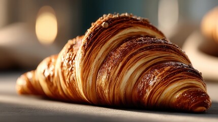 Appetizing freshly baked croissant on table in soft light