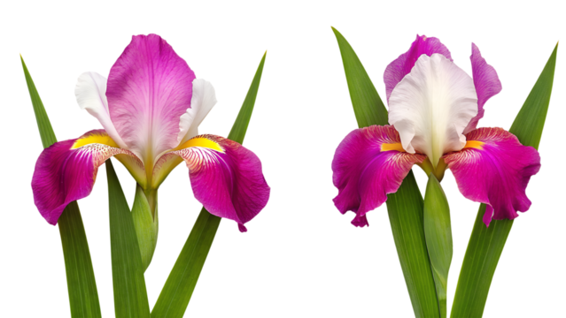 Set of pink white iris flower with green leaf isolated on transparent background, cutout png.