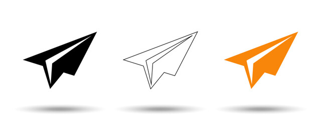 Paper airplane icon. Paper airplane icon on a white background, isolated. The icon has three uses in applications and websites. Vector illustration. Paper airplane icon on a white background.