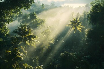 Aerial view of tropical forest with sun rays shining through the trees.