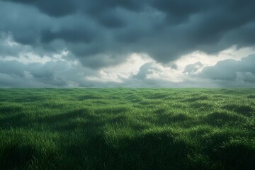 Obraz premium Green wheat field and stormy sky. Nature background. Panorama