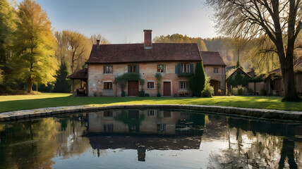 Obraz premium Charming rustic house by reflective pond