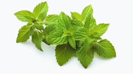 Clusters of fresh lemon balm leaves are arranged against a white background, revealing their vibrant green color and intricate leaf patterns
