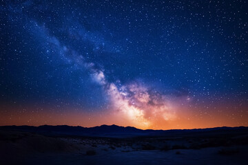 : A breathtaking night sky over a desert landscape, the Milky Way stretching across the horizon. 