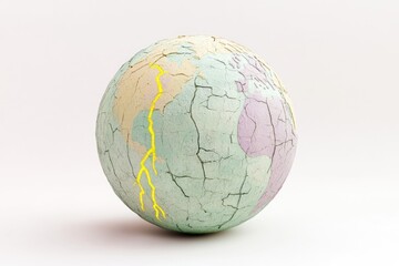 Cracked Earth globe with a highlighted tectonic plate depicting environmental fragility.