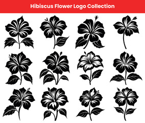 Collection of Elegant Black Hibiscus Flower Silhouettes on White Background