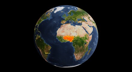 Earth globe showing africa with nigeria highlighted in orange against a black background space view