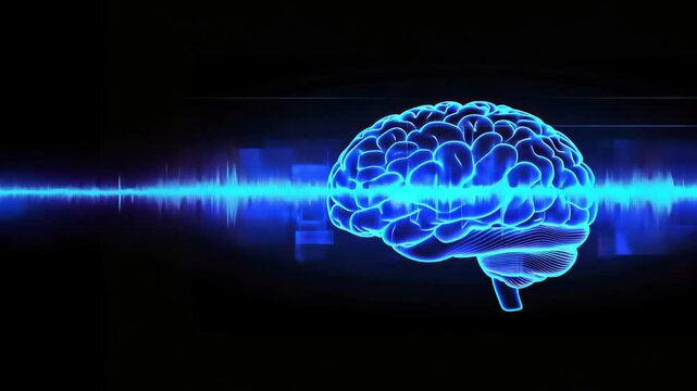 Blue sound waves on black background with a brain silhouette, symbolizing brain activity and stroke therapy, Stroke recovery, recovery therapy, headache, head pain