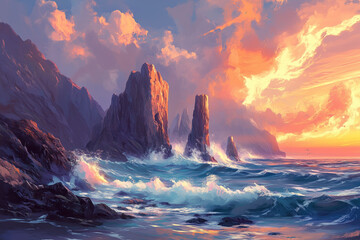 Naklejka premium : A dramatic coastline with towering cliffs, waves crashing against jagged rocks, and a sunset in the background