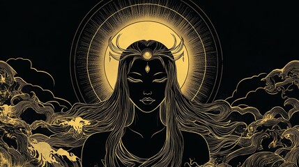 Mystical woman silhouette with golden aura.