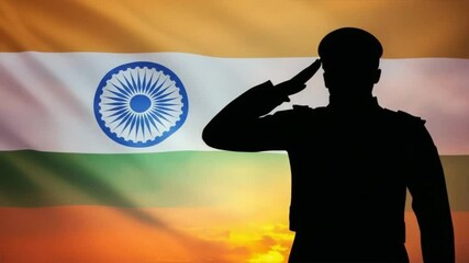 Silhouette of an Indian soldier saluting with the national flag in the background, Military pride, patriotism, and respect, Indian Independence Day, Republic Day, Flag hoisting ceremony