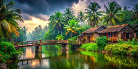Rule of thirds composition captures the magic of monsoon season: an Indian village bridge reflected in rain-swept backwaters.