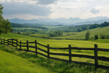 A peaceful countryside with rolling green fields, wooden fences, and a distant mountain range.