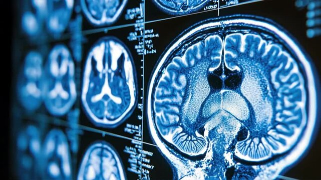 MRI scan of the brain with various areas highlighted in blue and white, indicating stroke detection, Stroke recovery, recovery therapy, headache, head pain