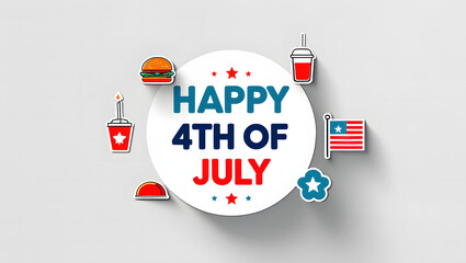 Flat icon-style sticker featuring Happy 4th of July in modern sans-serif font surrounded by simple and festive patriotic symbols