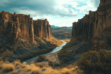 : A rugged canyon with towering rock formations, a winding river below, and scattered vegetation clinging to the cliffs. -