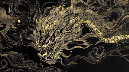 Intricate golden dragon design on black backdrop.