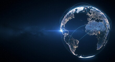 Fototapeta premium Glowing sphere of Earth with illuminated cities and dynamic light connections, showcasing global communication and connectivity against a starry background