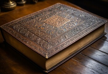 Fototapeta premium A brown leather book sitting on top of a table.